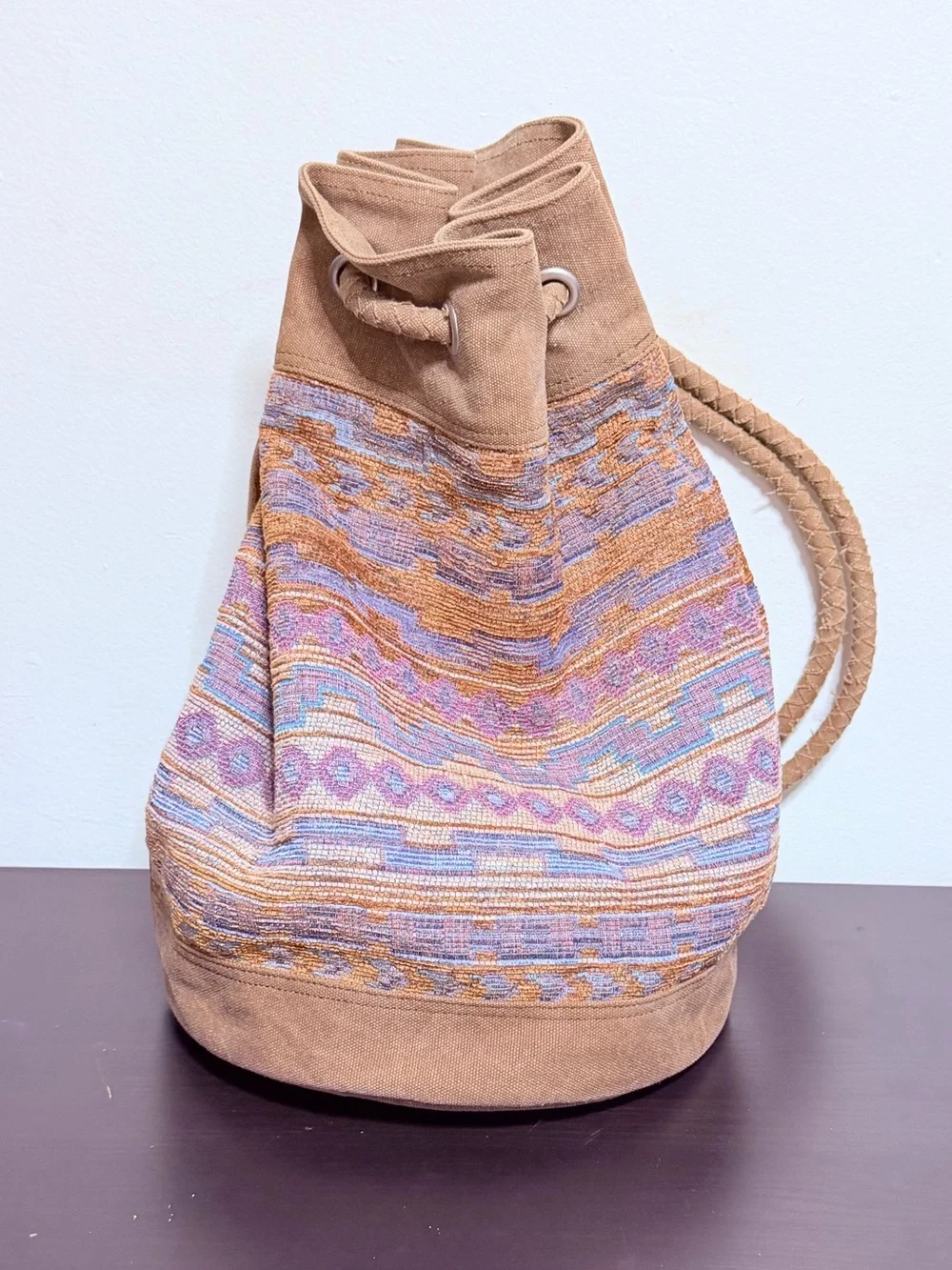 TOM Boho Embroidered Drawstring Bucket Bag - Tan & Pastel
